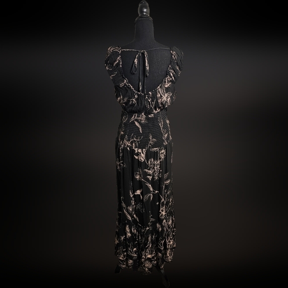 Anthropologie Black Floral Ruched Viscose, Modal Dress Long Midi Medium - Picture 4 of 14